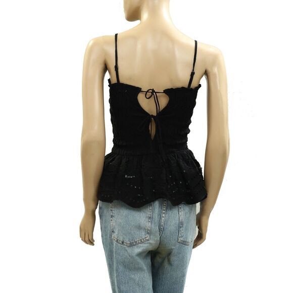 Damson Madder Martina Cami Tank Top Smocked Broderie Cutout Black S-6 New 284778 - Picture 7 of 9